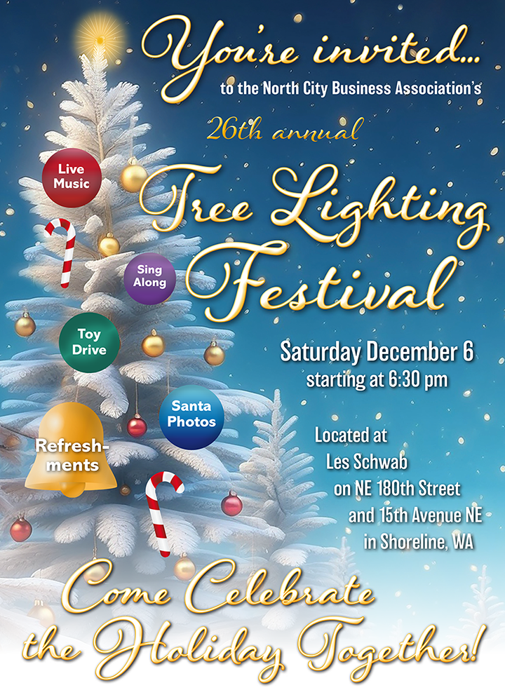 Blue poster with a white christmas tree announcing the holiday tree lighting festival in Shoreline Washington on December 6